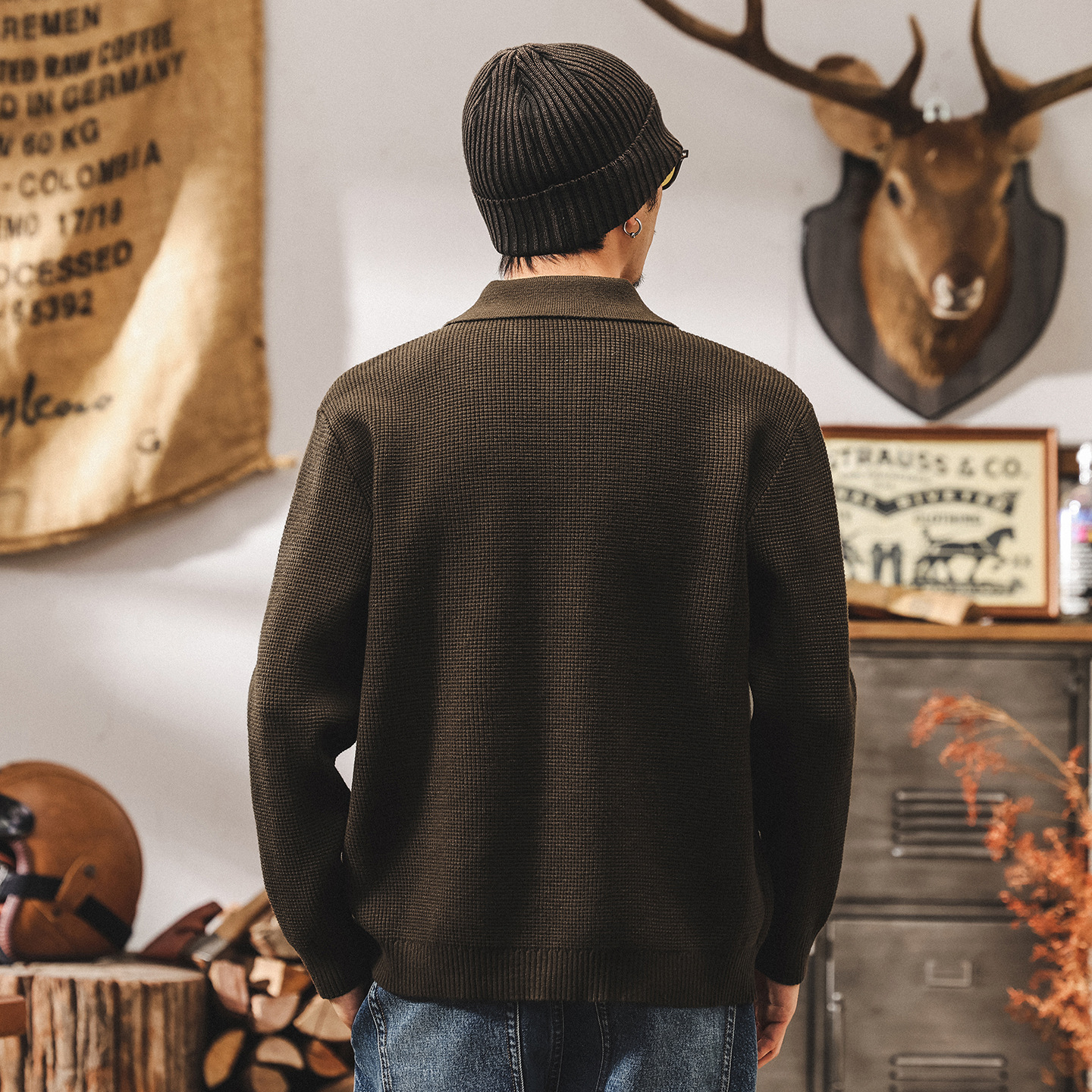 美式復古重磅毛衣男秋冬款翻領古着輕熟寬鬆長袖Polo老錢風針織衫