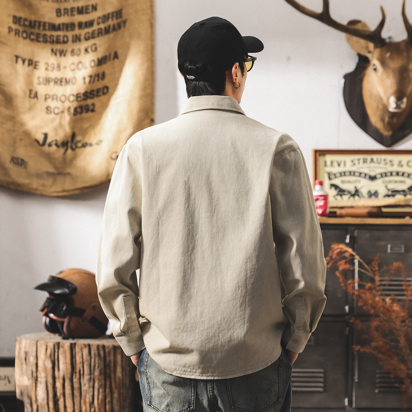 美式復古工裝襯衫男長袖秋季潮牌寬鬆休閒外套男春秋男裝襯衣