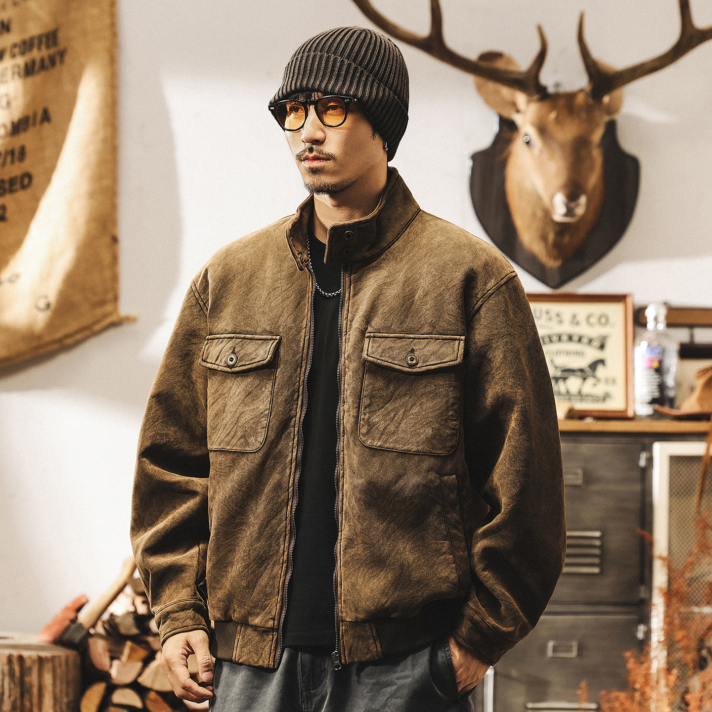 美式復古斑駁蠟感皮夾克男秋季新款潮牌寬鬆秋冬阿美咔嘰工裝外套