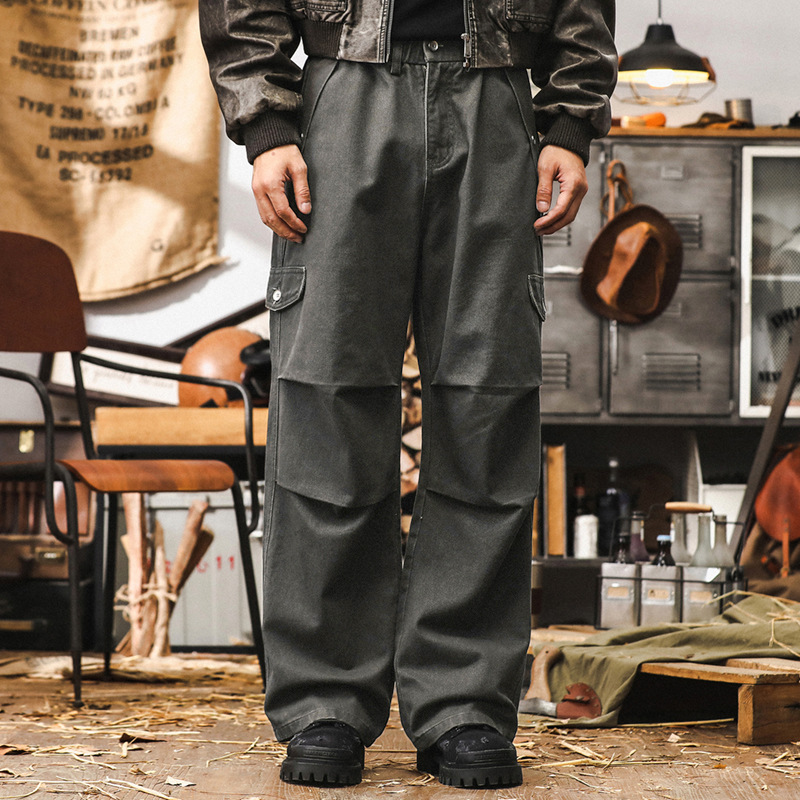 美式工裝褲子男秋季2024新款高街潮流休閒褲男潮牌寬鬆直筒傘兵褲