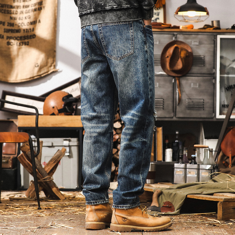 美式復古牛仔褲男寬鬆直筒2024新款潮牌男褲子秋季破洞休閒長褲男