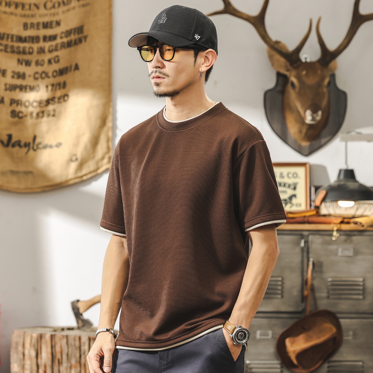 假兩件短袖T恤男夏季新款潮牌華夫格肌理感體恤寬鬆大碼男士上衣T