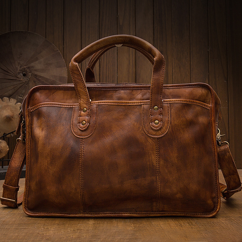 手工男士復古公文包手提男包頭層牛皮旅行包男款單肩斜挎包電腦包