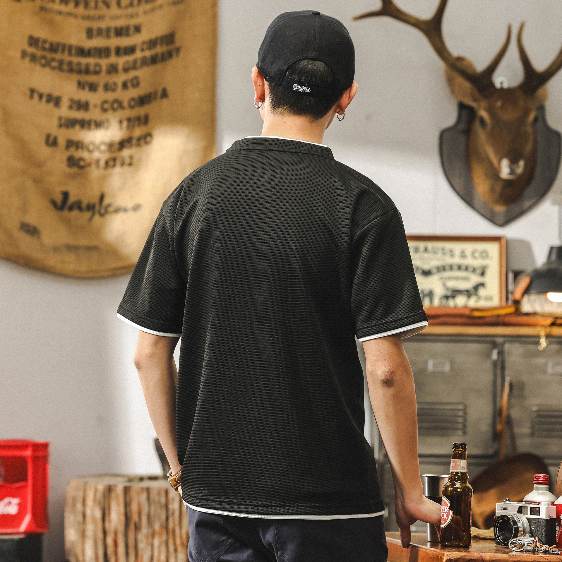 假兩件短袖T恤男夏季新款潮牌華夫格肌理感體恤寬鬆大碼男士上衣T