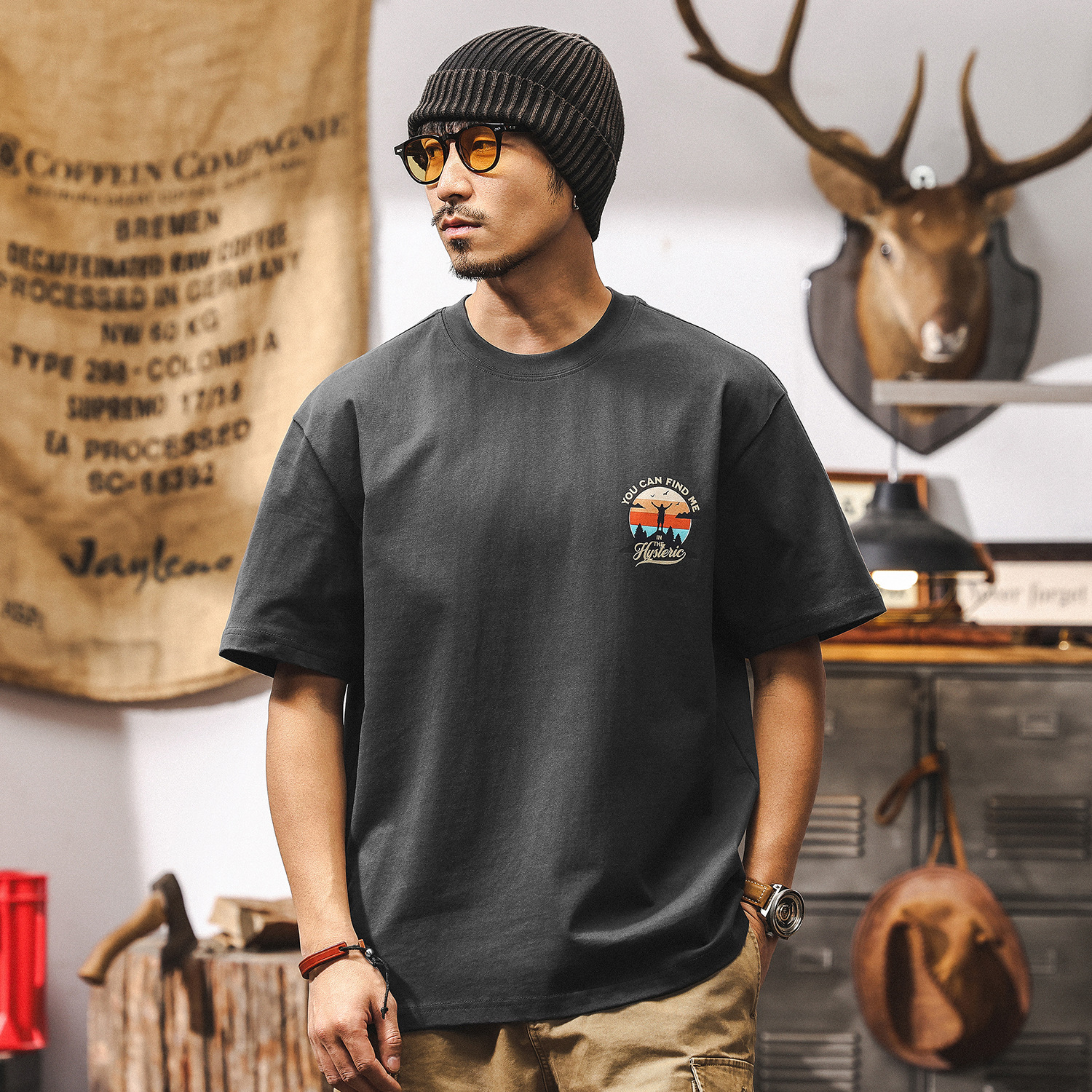 美式重磅雙紗T恤男短袖夏季復古潮流戶外露營印花休閒上衣印花T男