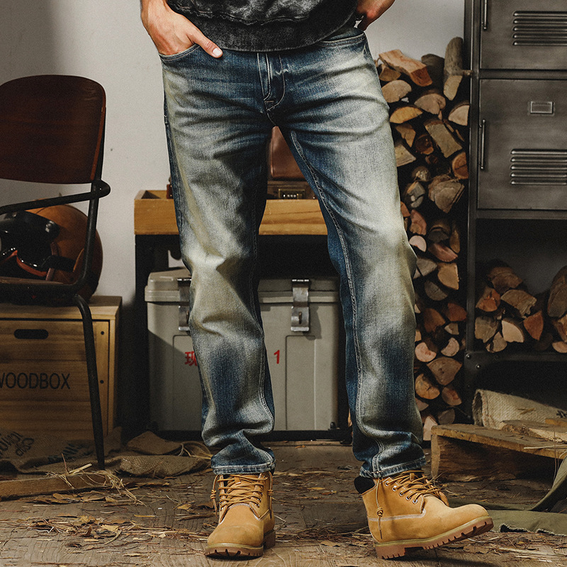 美式經典復古15盎司重磅秋季牛仔褲男直筒石磨水洗做舊休閒長褲子