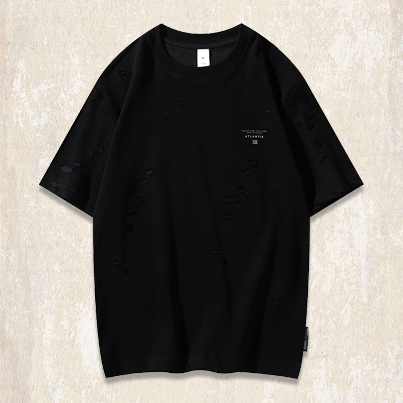 美式復古重磅短袖男款夏季潮牌破洞設計感男士T恤男寬鬆半袖上衣