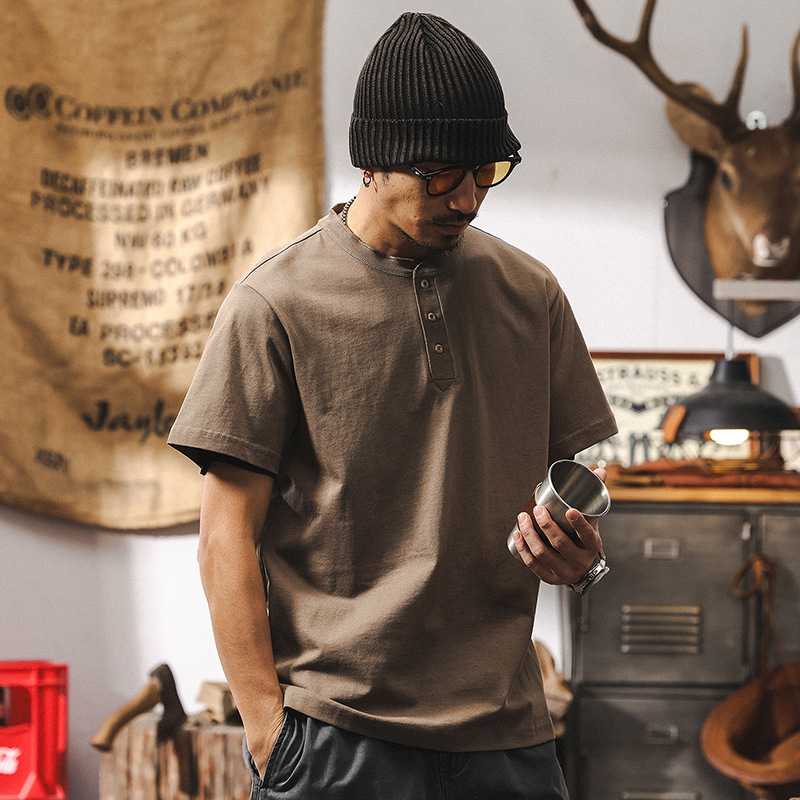 美式復古250g重磅短袖T恤男夏季潮流T恤2025新款亨利領polo衫上衣