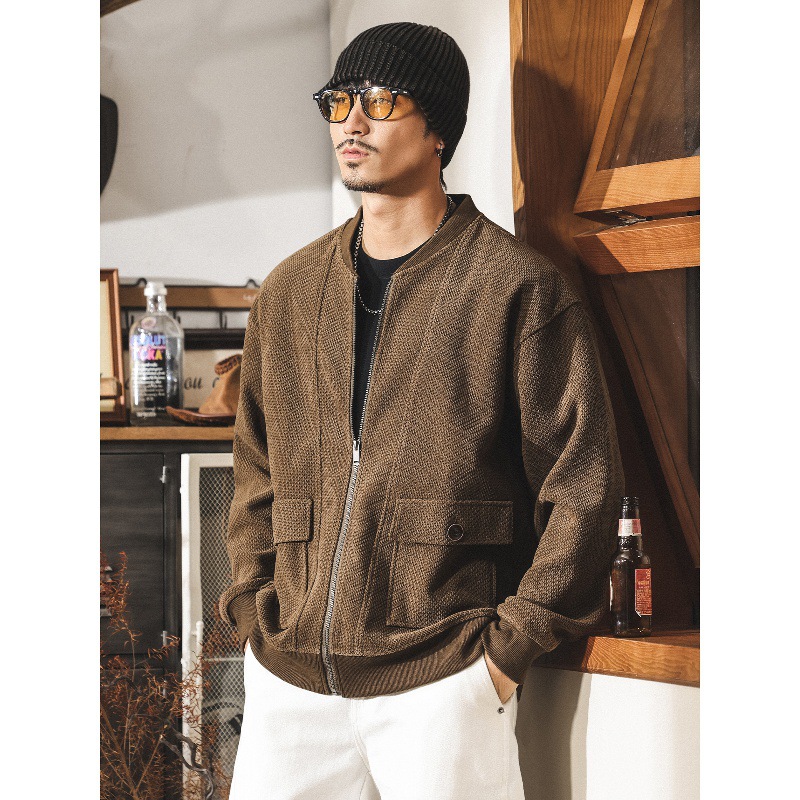 美式覆古歐棉絨重磅開衫衛衣男秋季新款潮流提花棒球服外套男春秋