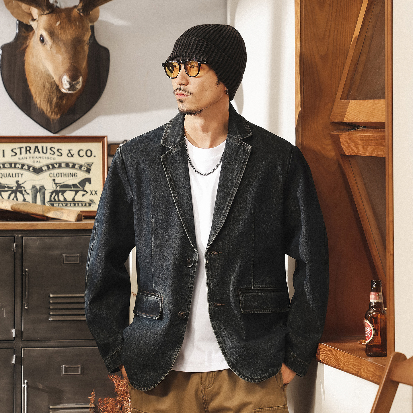 美式復古阿美咔嘰休閒牛仔西裝外套男春秋重工水洗工裝夾克西服男