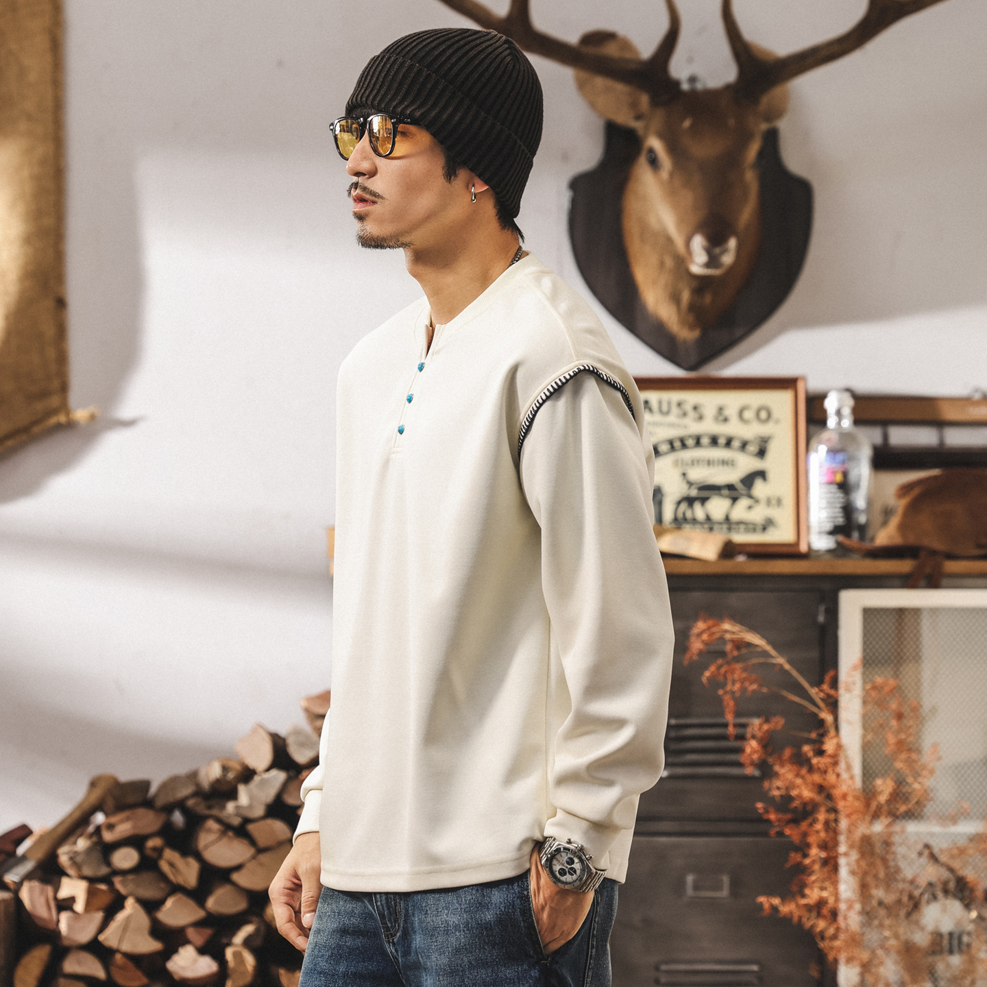 美式復古亨利領衛衣男春秋新款潮流設計感長袖男t恤寬鬆休閒上衣