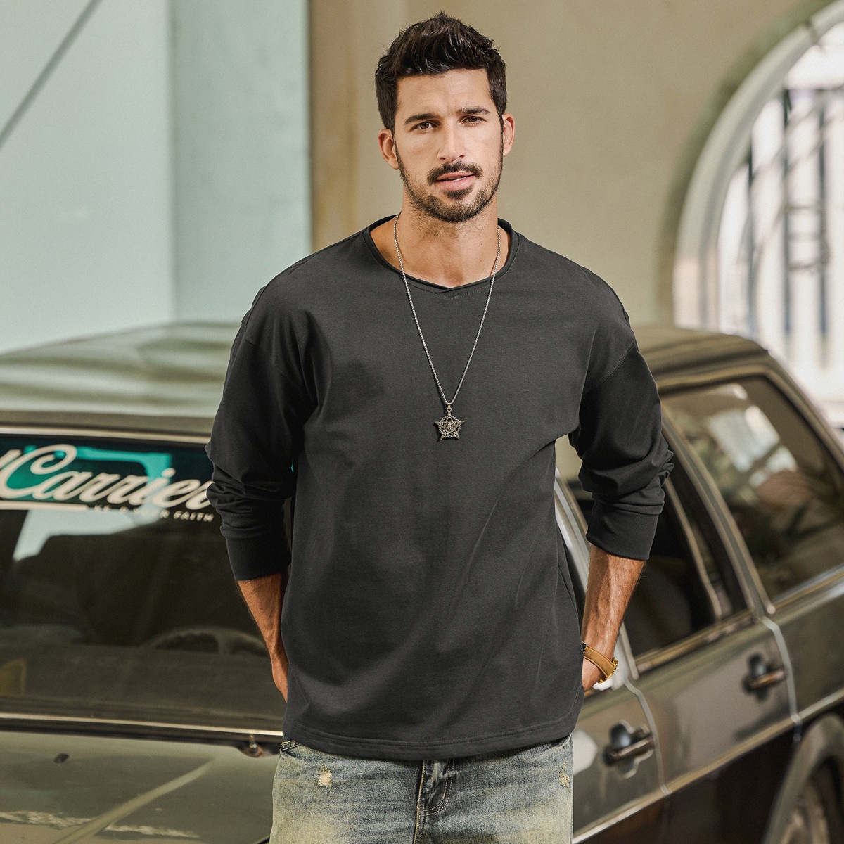 美式復古重磅270g【桃心領】長袖T恤男春季2026新款領打底衫