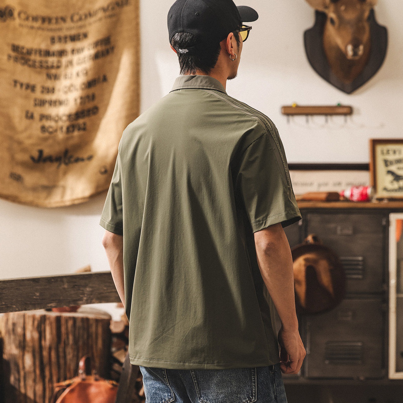 山系戶外美式復古短袖Polo衫男夏季薄款潮牌寬鬆T恤男半拉鍊上衣T