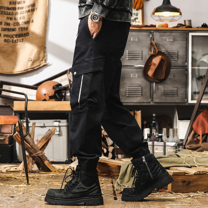 美式復古戶外工裝褲男秋季潮牌多口袋寬鬆束腳休閒褲男士黑色褲子