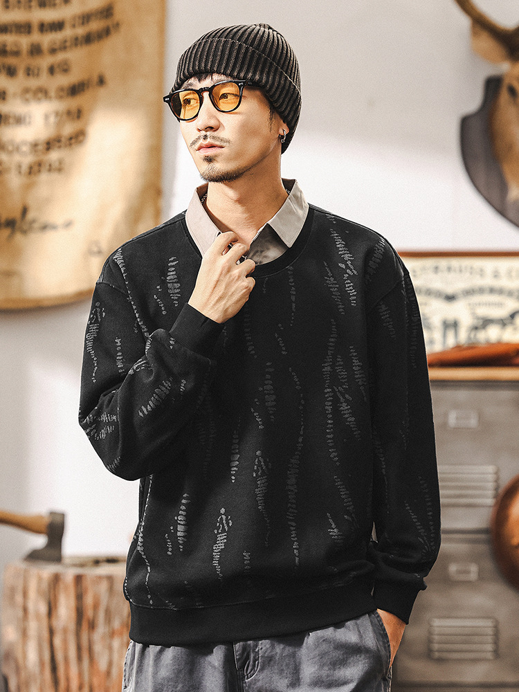 美式重磅復古假兩件衛衣男春季2025新款潮牌提花梭織襯衫領上衣男