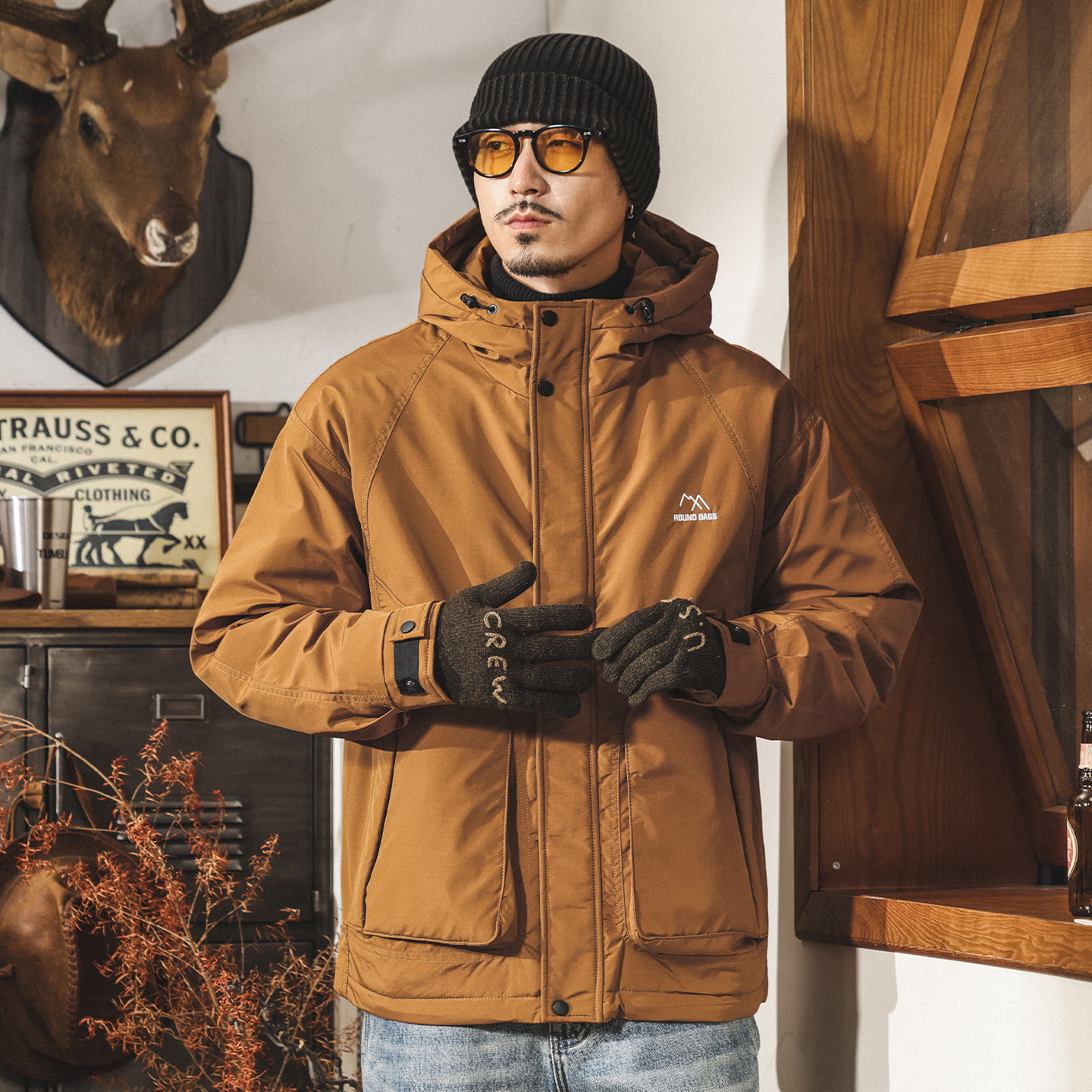 美式復古高充絨蓬鬆連帽冬季羽絨服男加厚90白鴨絨保暖禦寒外套男