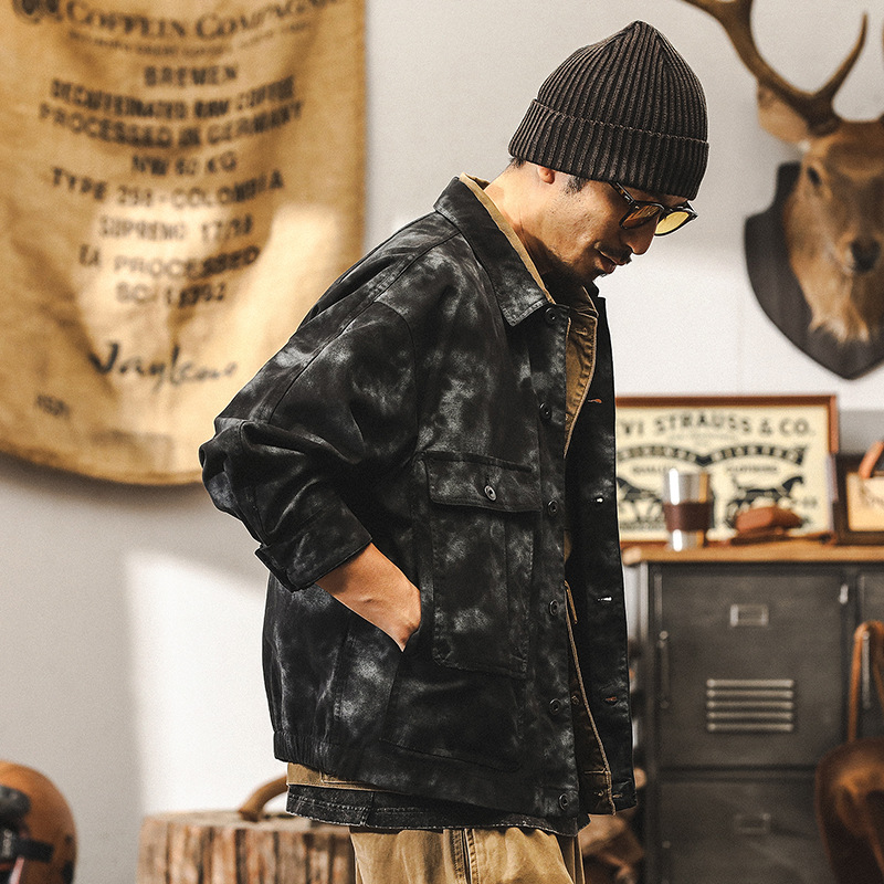 美式復古重磅水洗棉工裝外套男秋季寬鬆潮流扎染高街痞帥休閒夾克