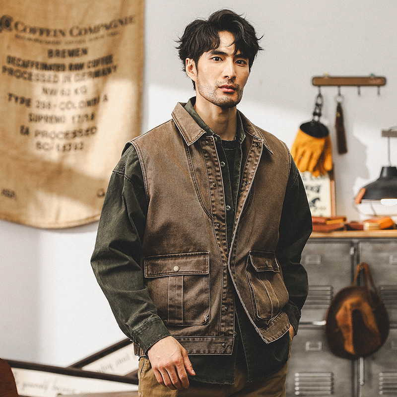 美式重磅複古工裝馬甲男秋季潮牌戶外釣魚機能無袖坎肩夾克男外套