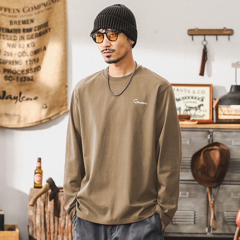 美式260g重磅長袖T恤男秋季潮牌寬鬆上衣2024新款紅色衣服男上衣T