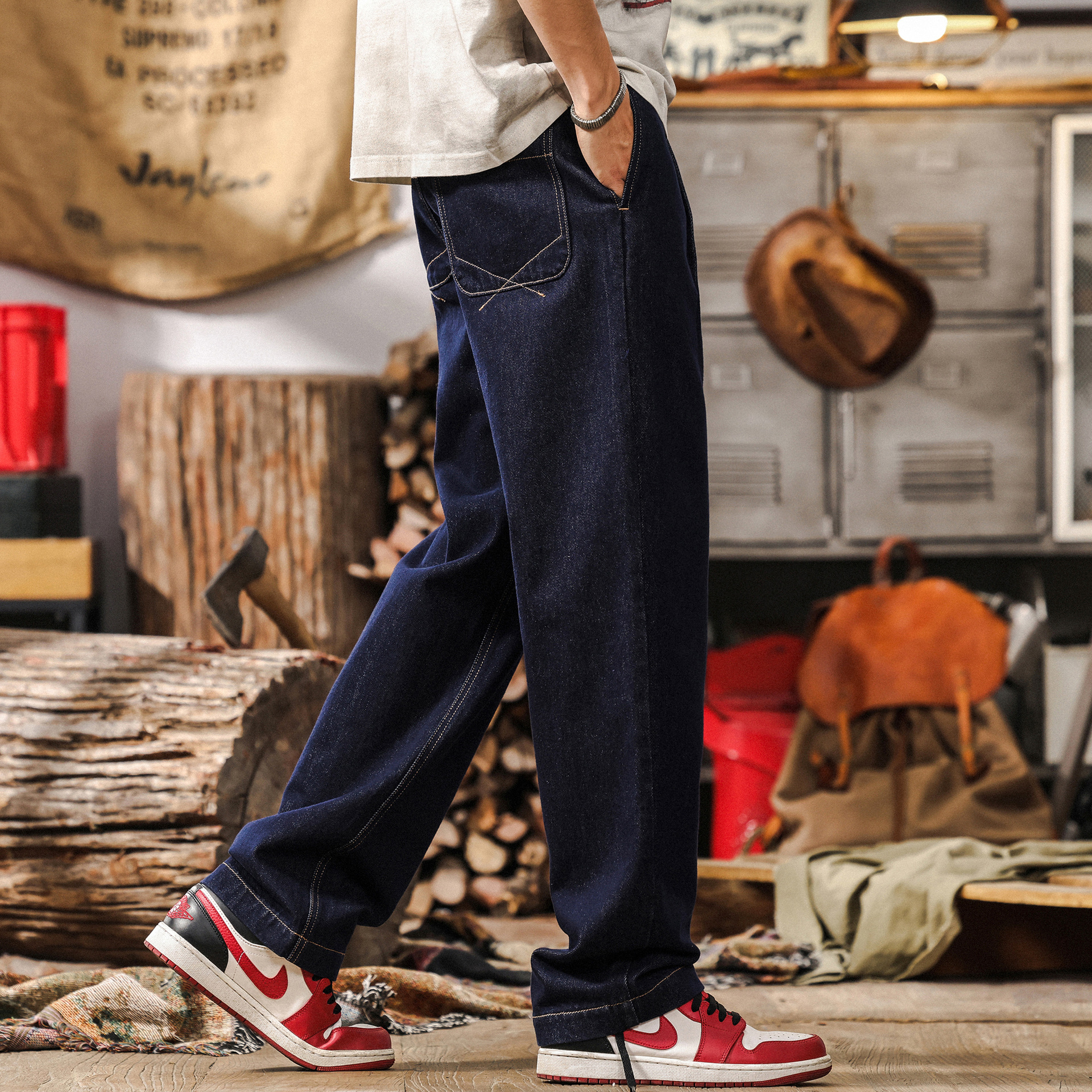 活性染不掉色原色水洗牛仔褲男春季美式復古潮牌寬鬆直筒休閒長褲