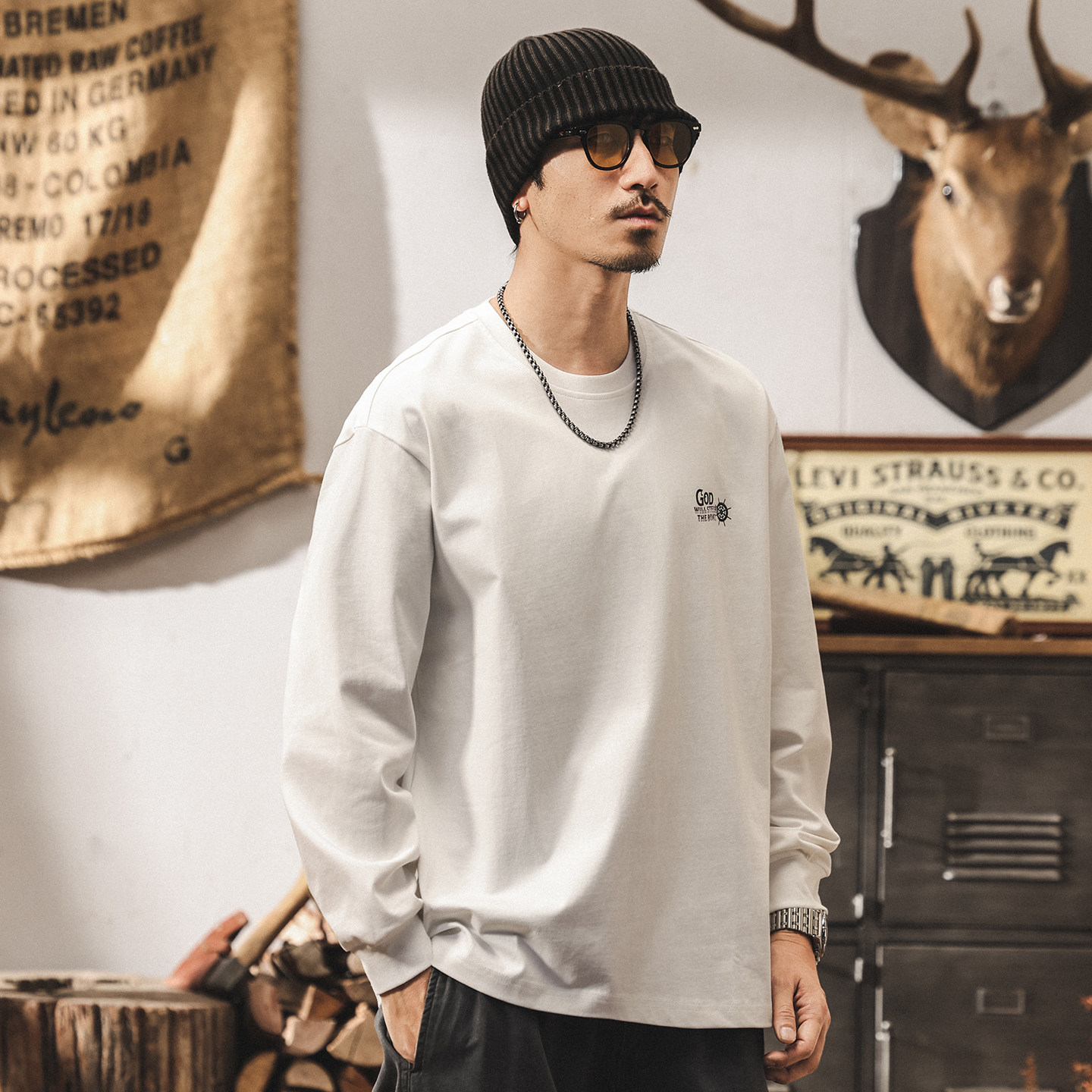 美式復古T恤男士長袖2026春季新款趣味印花潮牌寬鬆休閒上衣