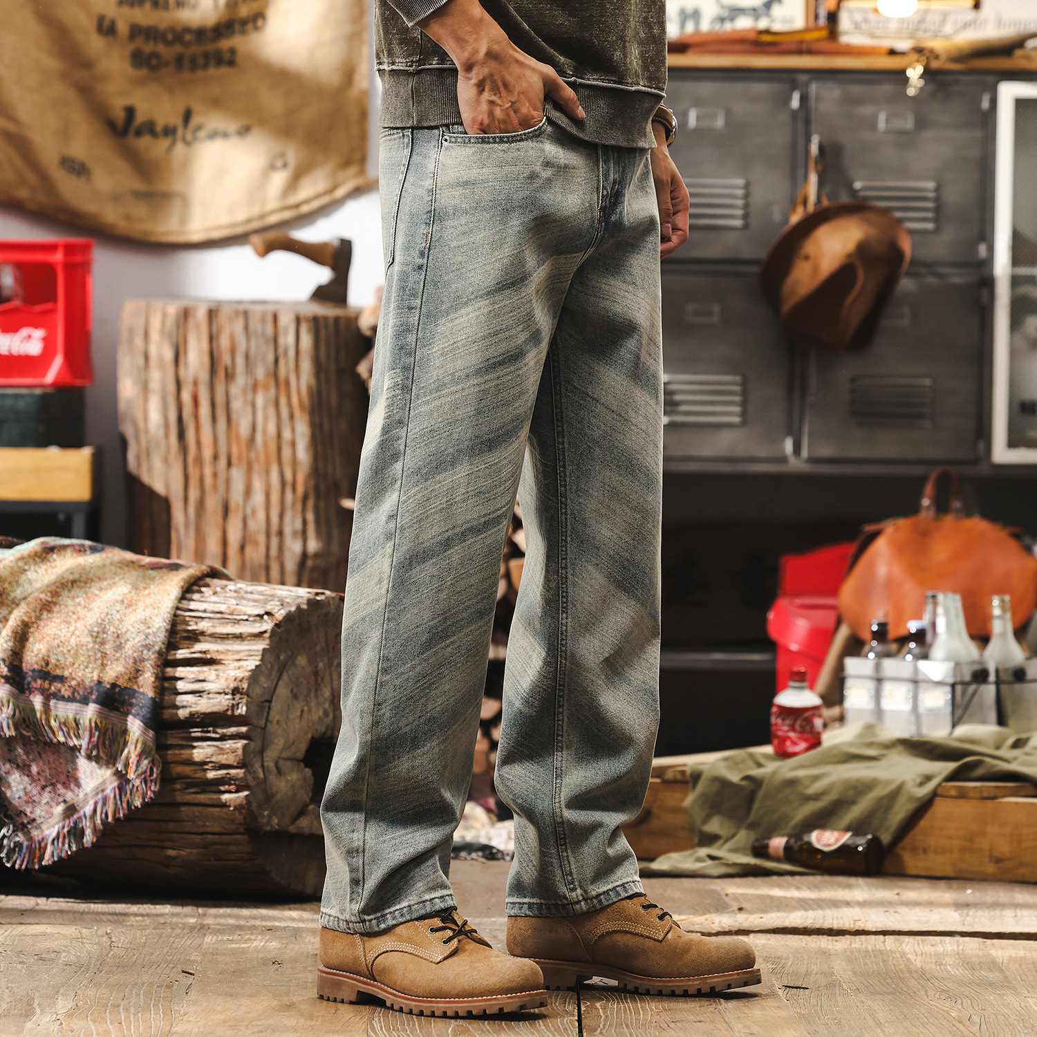 美式復古牛仔褲男直筒油刷馬騮做舊水洗高街男生休閒褲子潮牌男褲