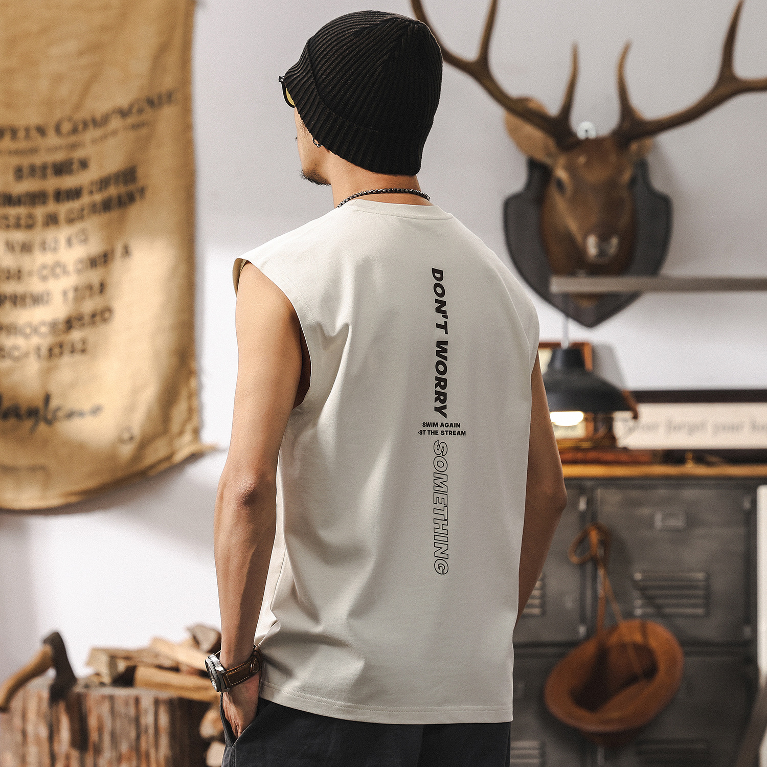 涼感防曬新疆長絨棉美式親膚運動背心男寬鬆夏季坎肩無袖重磅T恤