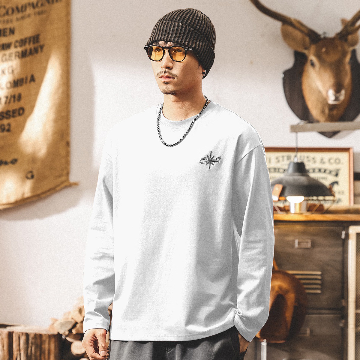 美式復古長袖t恤男秋季2025新款刺繡潮牌寬鬆大碼休閒男士上衣潮T