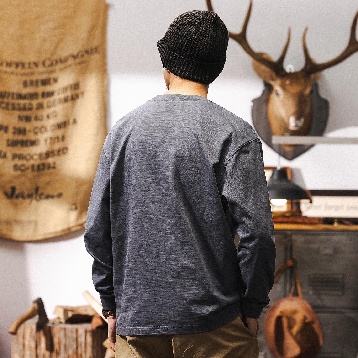 竹節棉長袖T恤男春季寬鬆2025新款美式復古潮牌寬鬆簡約休閒上衣