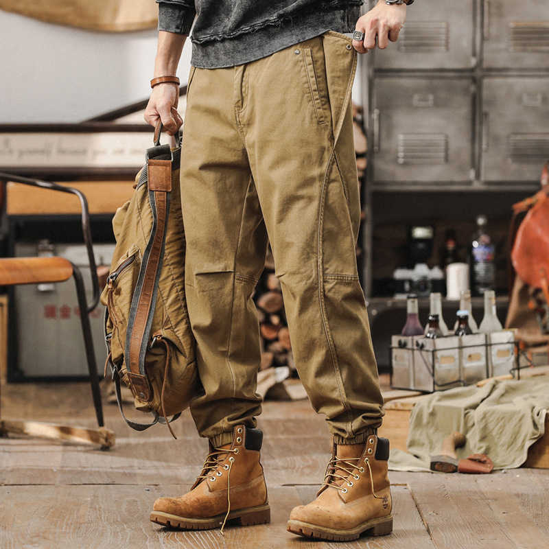美式複古重磅工裝褲子男春秋款戶外通勤機能寬松束腳男士休閑長褲