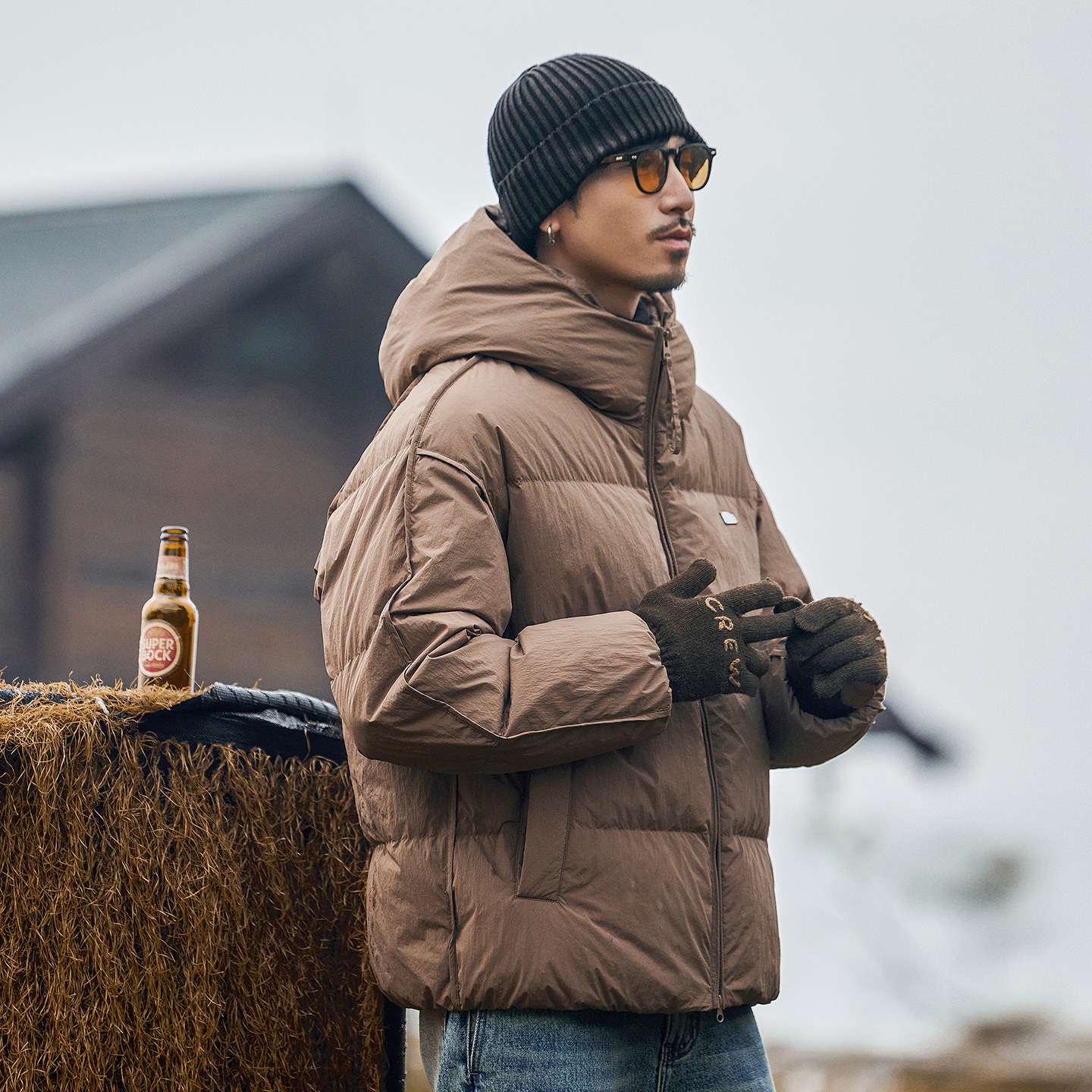 美式復古高充絨蓬鬆連帽羽絨服男冬季加厚保暖一體連帽麪包服外套