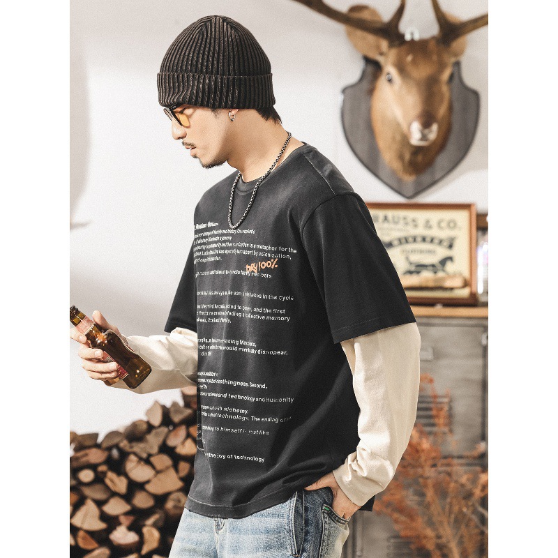 美式復古假兩件長袖t恤男款秋季高街潮牌水洗磨破做舊寬鬆上衣男T