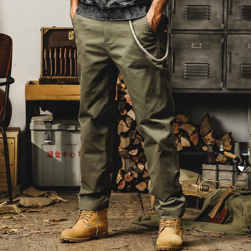 傑雷諾美式復古軍綠休閒褲男春秋款潮牌寬鬆直筒重磅硬挺工裝褲子