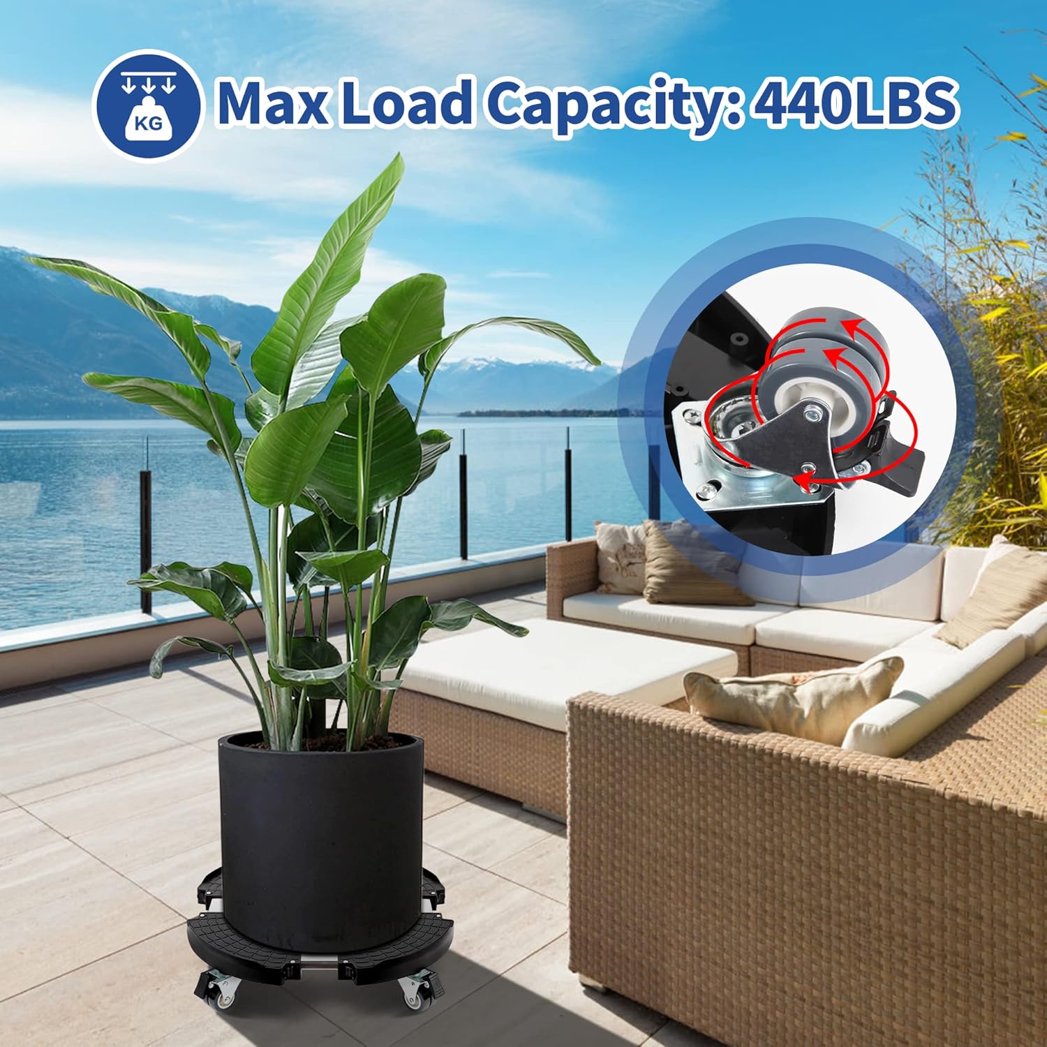 Heavy-duty plant caddy with dual-locking wheels for indoor and outdoor
