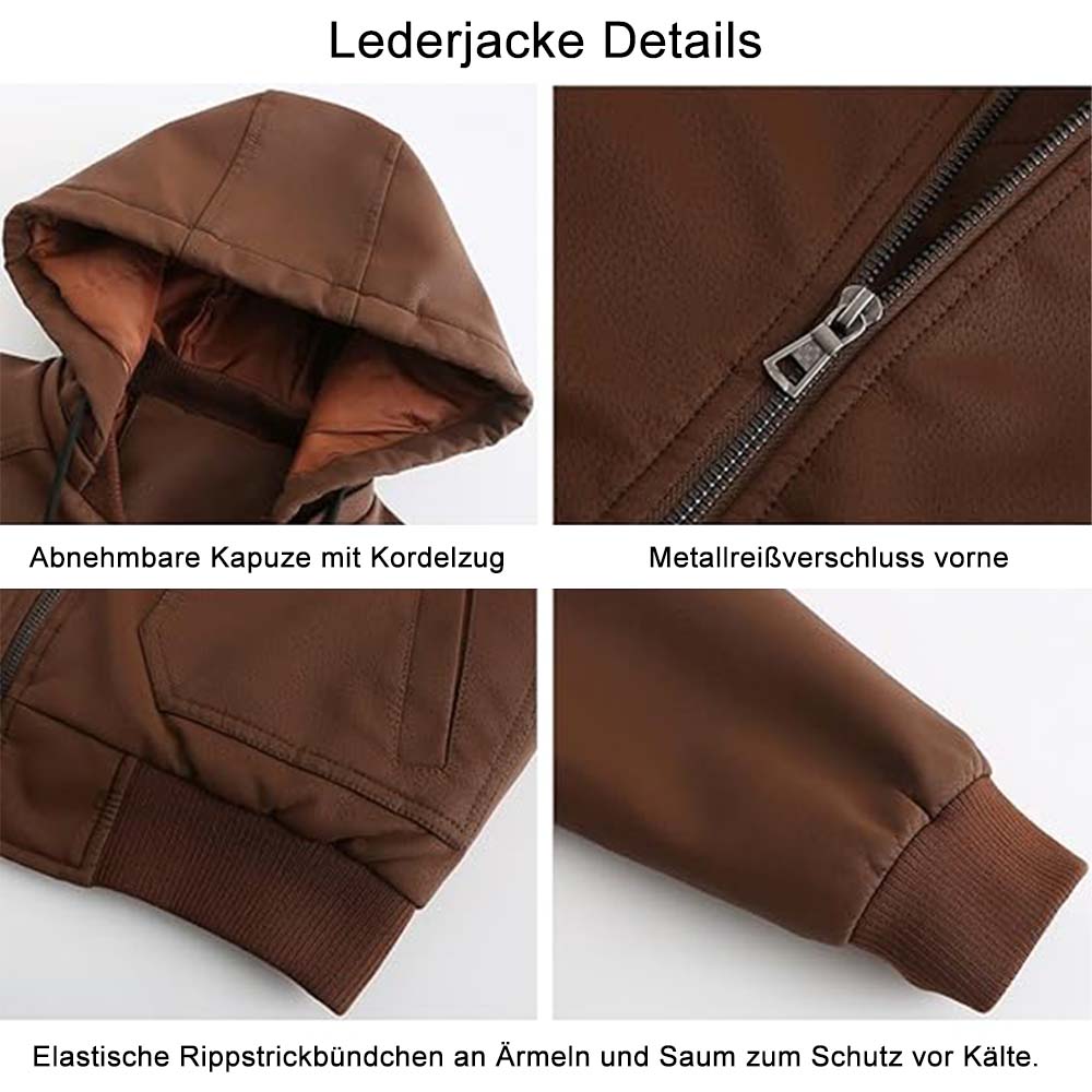 Saphirvogel™ Lose Herrenjacke mit Kapuze und mehreren Taschen Verdickter Ledermantel