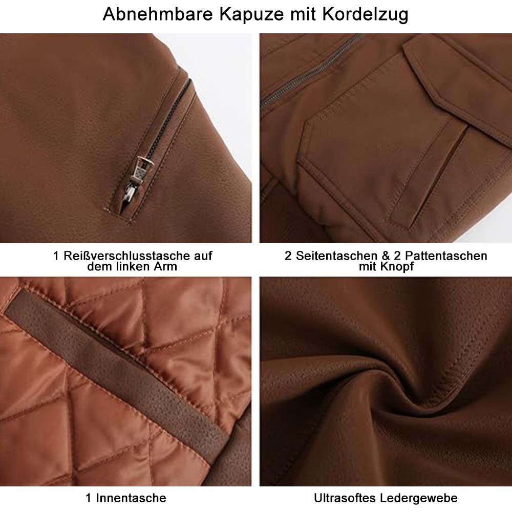 Saphirvogel™ Lose Herrenjacke mit Kapuze und mehreren Taschen Verdickter Ledermantel