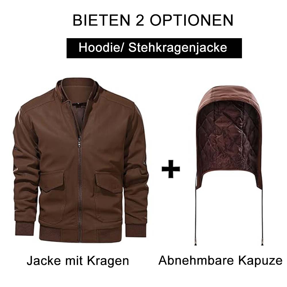 Saphirvogel™ Lose Herrenjacke mit Kapuze und mehreren Taschen Verdickter Ledermantel