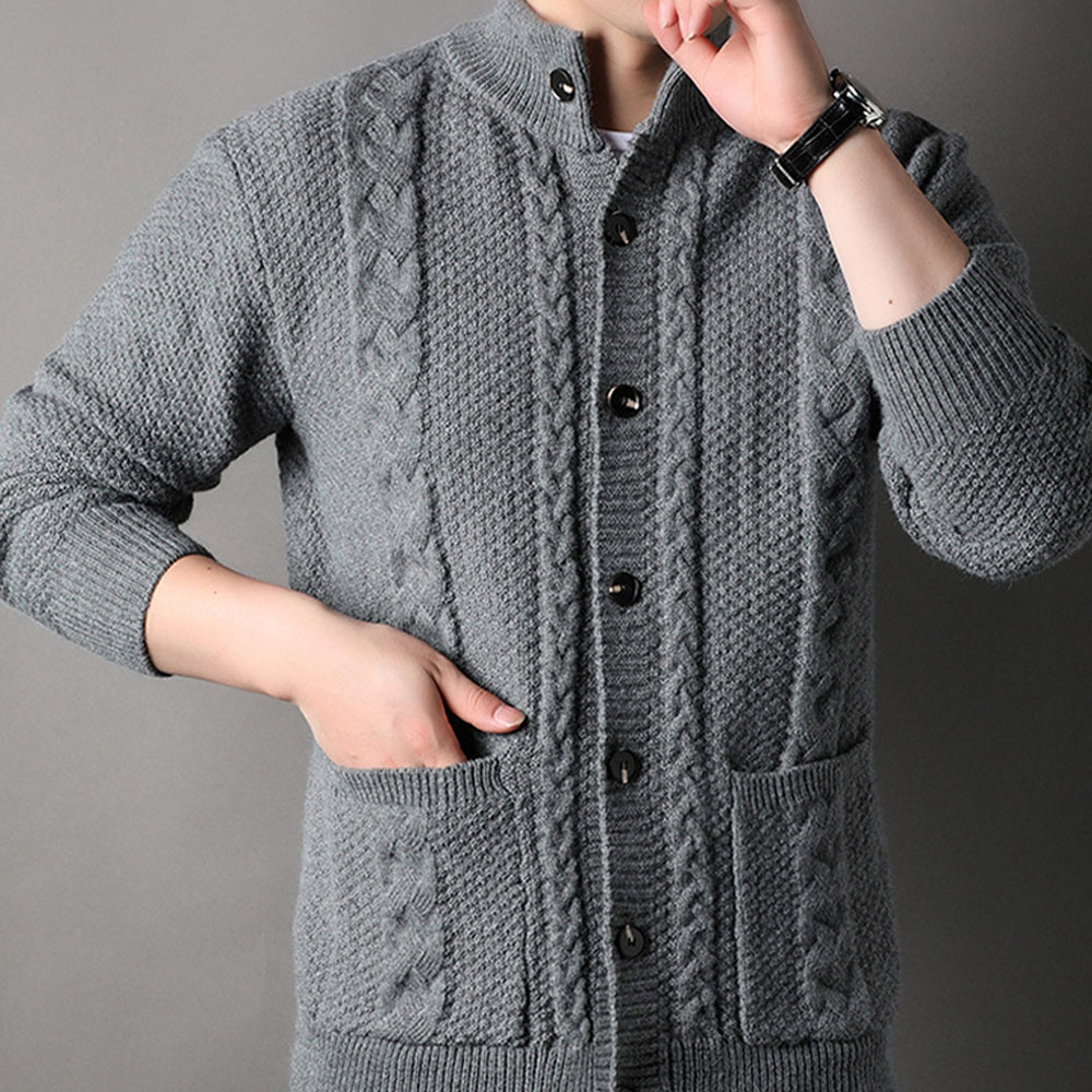 Saphirvogel™ Herren Twist Stehkragen Knopf-Taschen-Strickjacke Pullover