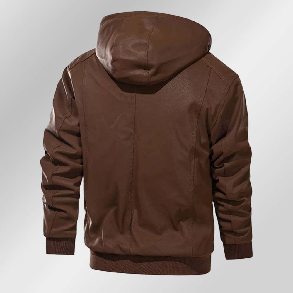 Saphirvogel™ Lose Herrenjacke mit Kapuze und mehreren Taschen Verdickter Ledermantel