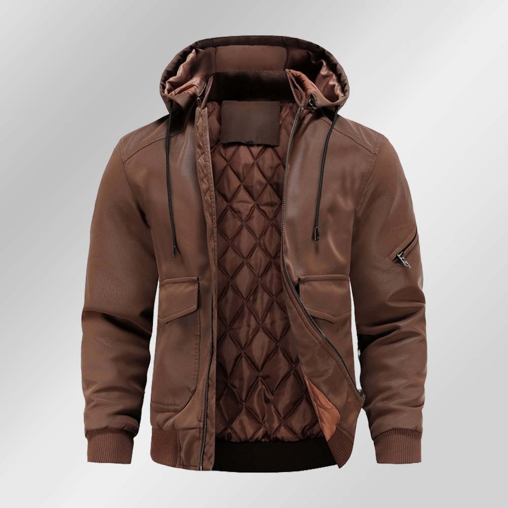 Saphirvogel™ Lose Herrenjacke mit Kapuze und mehreren Taschen Verdickter Ledermantel