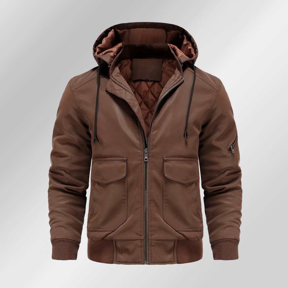 Saphirvogel™ Lose Herrenjacke mit Kapuze und mehreren Taschen Verdickter Ledermantel