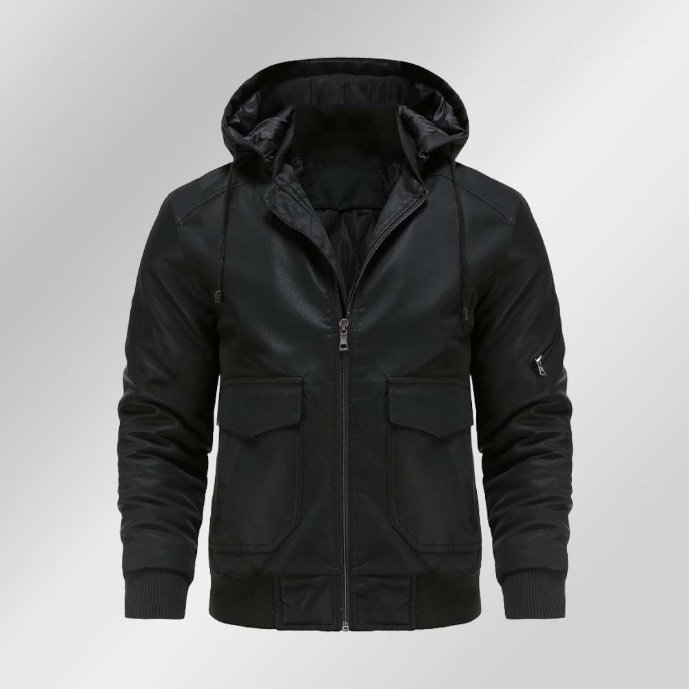 Saphirvogel™ Lose Herrenjacke mit Kapuze und mehreren Taschen Verdickter Ledermantel