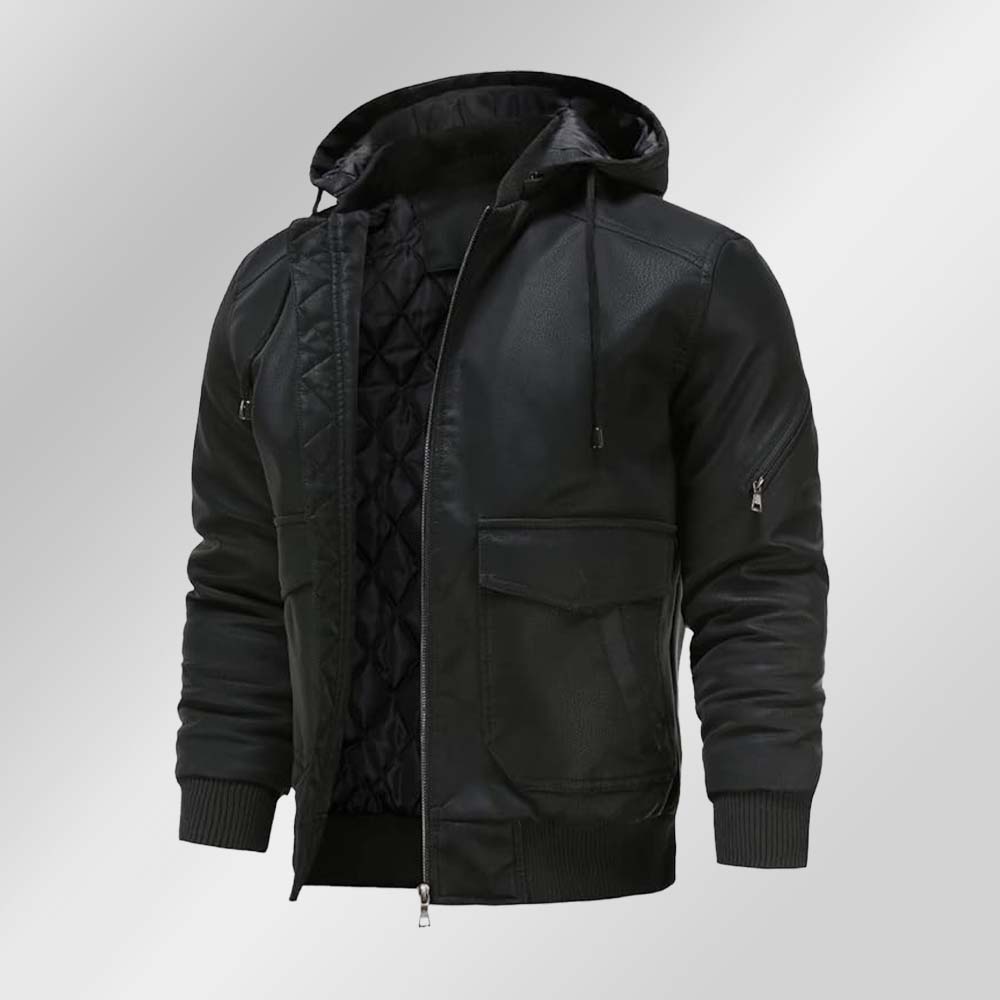 Saphirvogel™ Lose Herrenjacke mit Kapuze und mehreren Taschen Verdickter Ledermantel