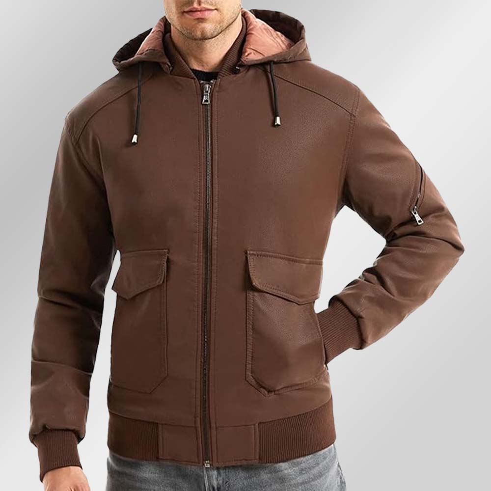 Saphirvogel™ Lose Herrenjacke mit Kapuze und mehreren Taschen Verdickter Ledermantel