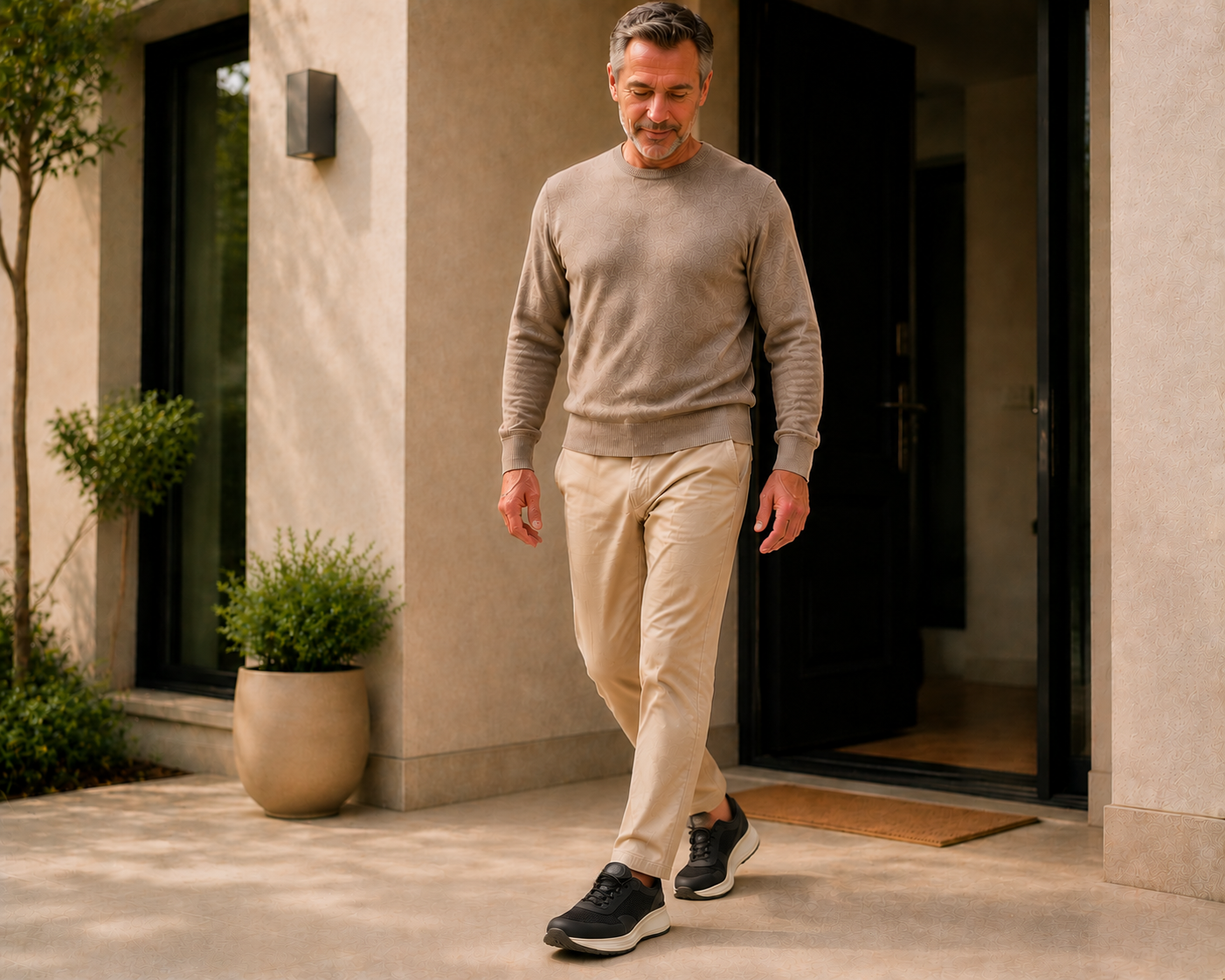 Man walking naturally after stepping into shoes
