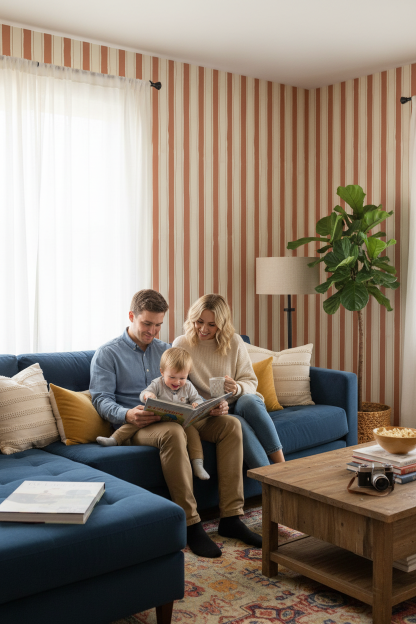 Riviera Stripe Wallpaper, off-white and terra cotta
