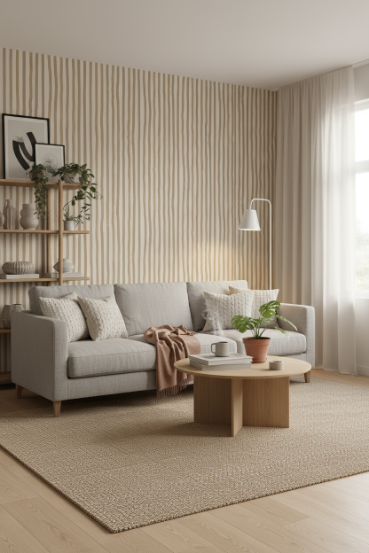 Dolce Stripe Wallpaper, off-white and tan