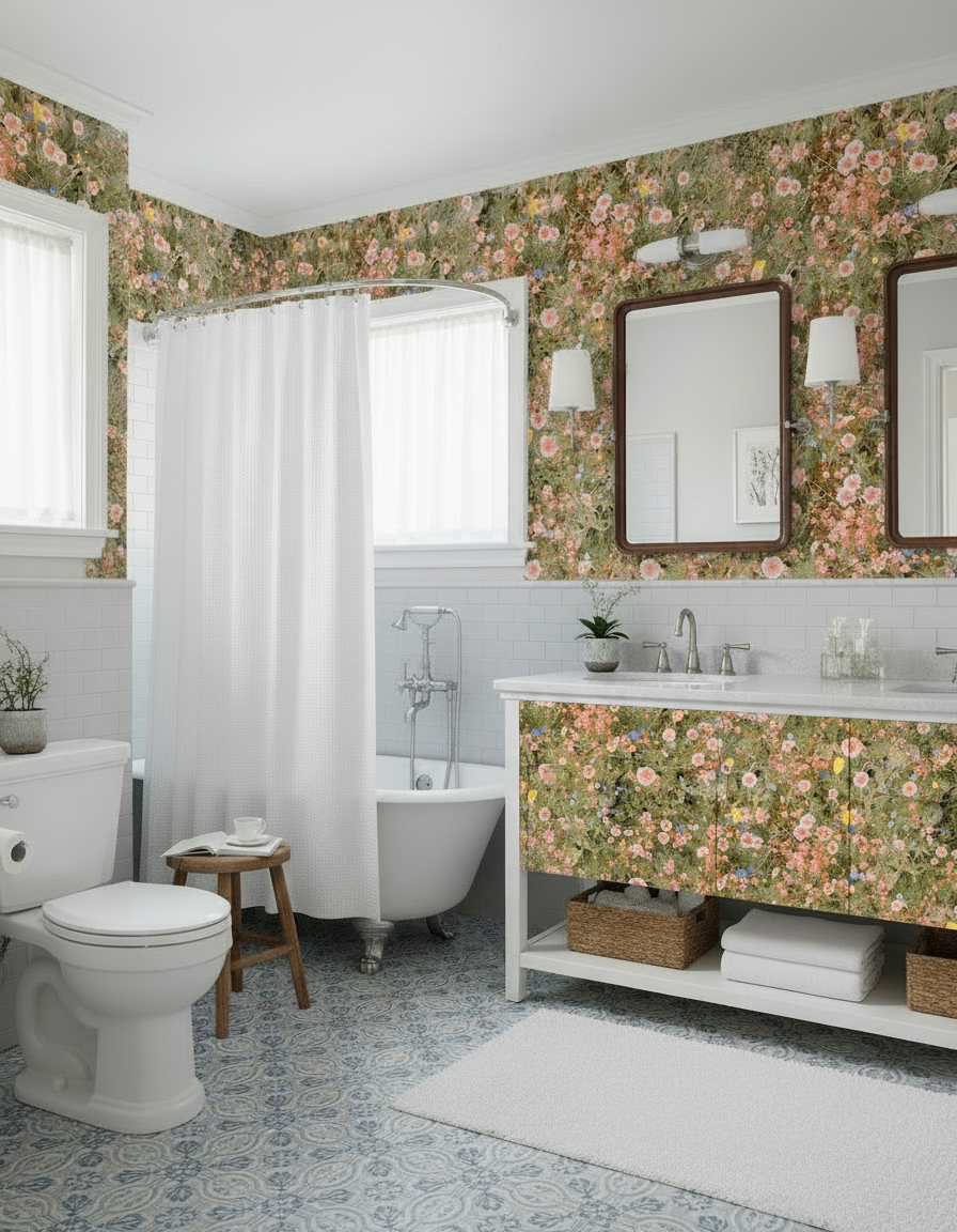 Cali Flowers Wallpaper, peachy green
