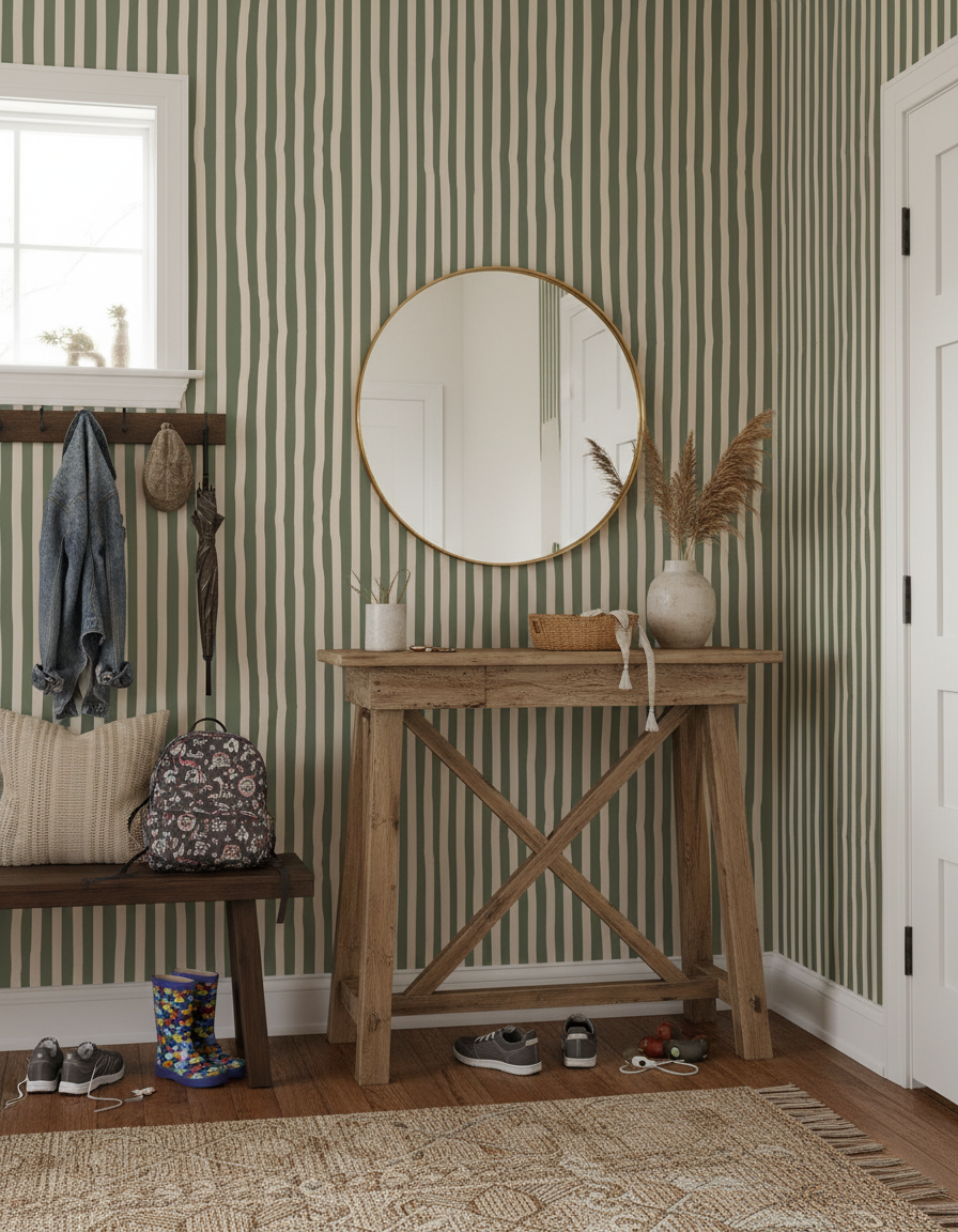 Dolce Stripe Wallpaper, olive green and tan