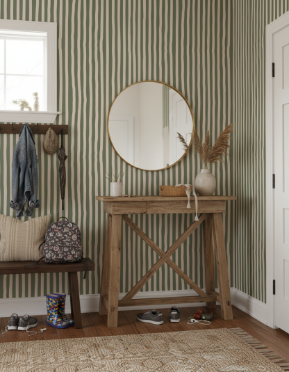 Dolce Stripe Wallpaper, olive green and tan